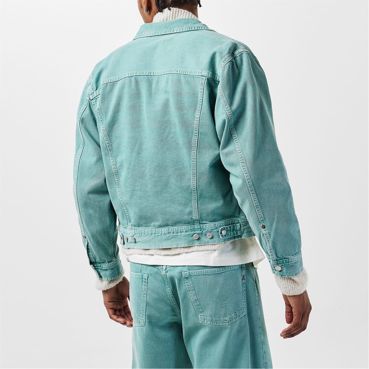 Replay Solid Patterned Snap Button Denim Jacket with Pockets