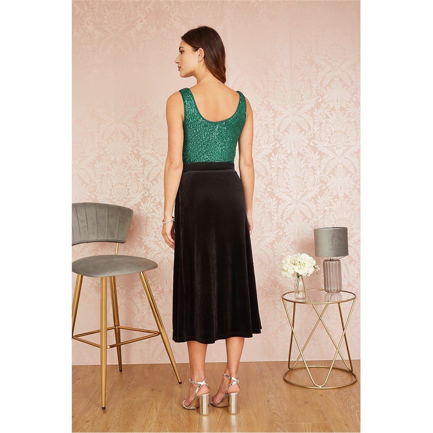 Yumi Black Velvet Midi Pencil Skirt