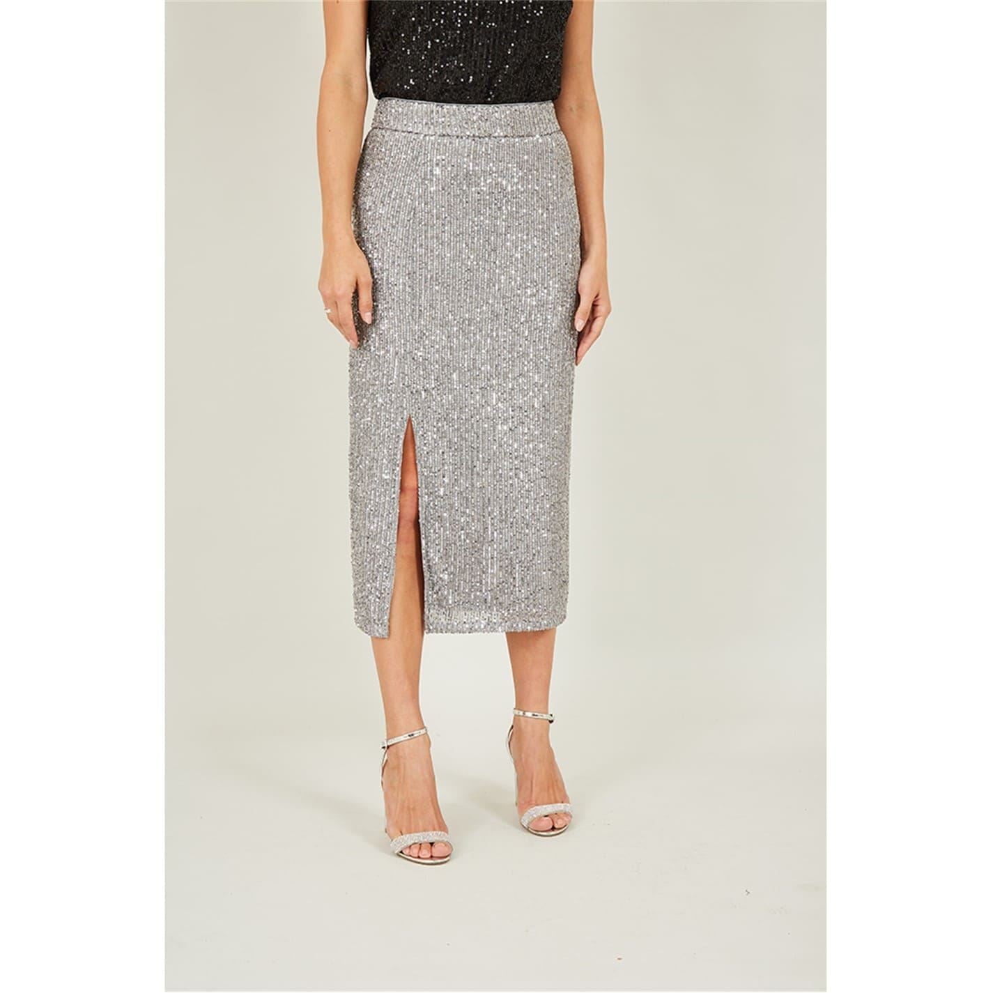 Yumi Silver Sequin Midi Pencil Skirt