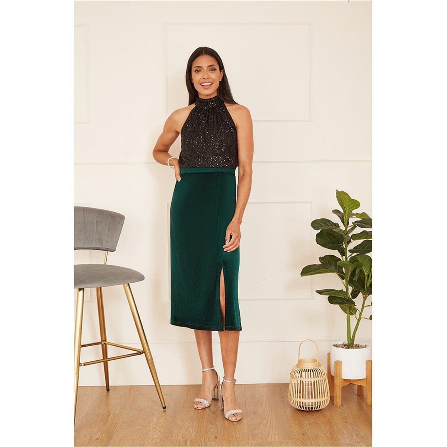 Yumi Green Velvet Midi Pencil Skirt