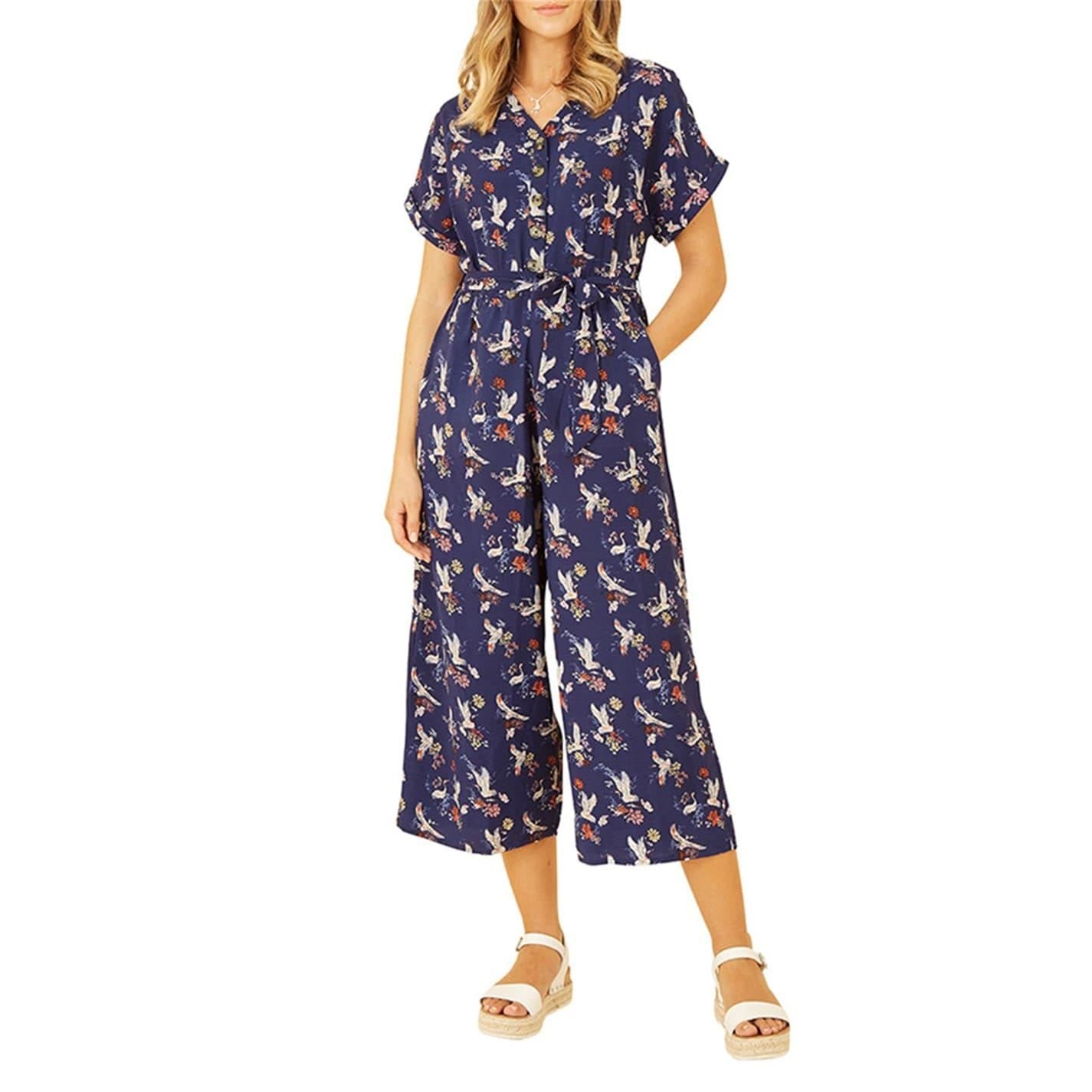 Yumi Crane Print Collared Culotte Jumpsuit