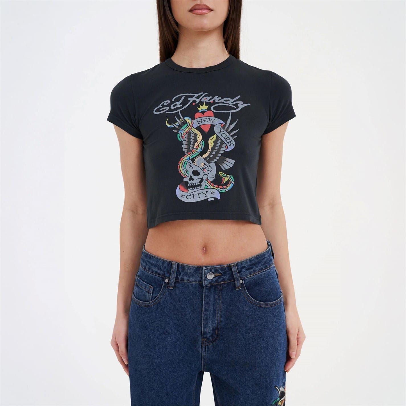 Ed Hardy Nyc Cropped Crew Neck T-Shirt