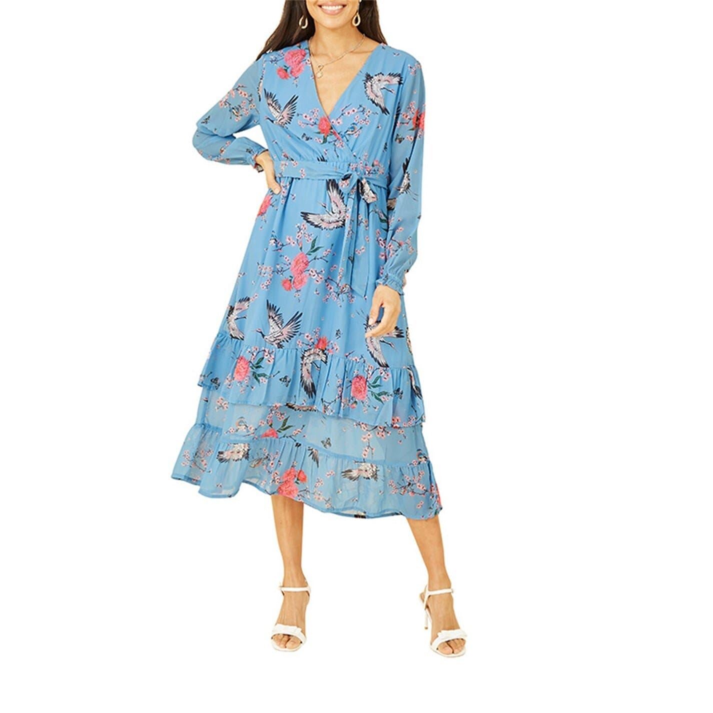 Yumi Crane Print V-Neck Midi Wrap Dress