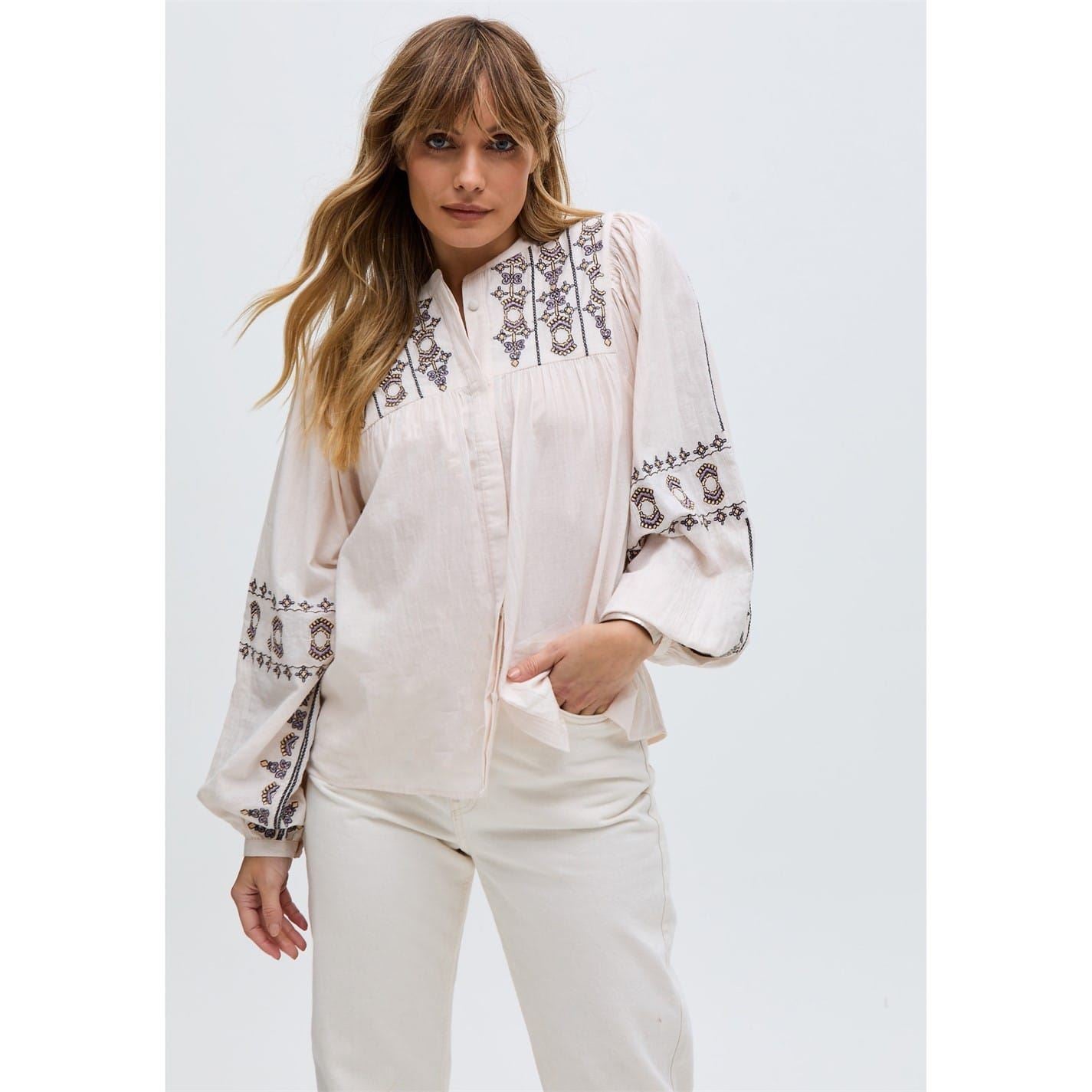 Raffya Embroidered Ballon Sleeve Shirt In Cream