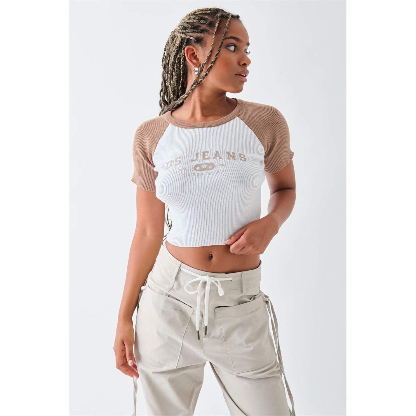 Daisy Street Knit Cropped Crew Neck T-Shirt