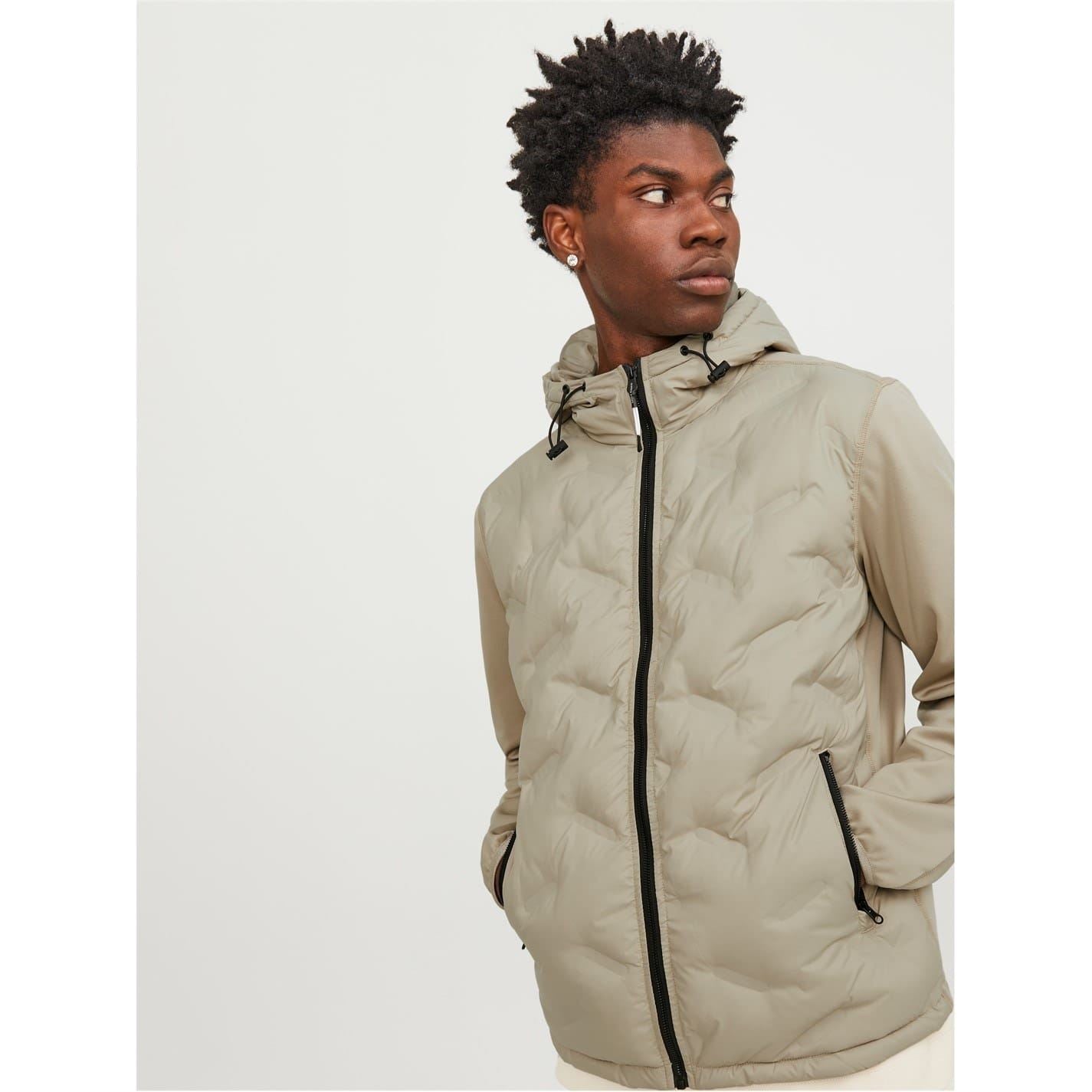 Jack and Jones Hooded Neck Solid Patterned Hybrid Jacket with Ribbed Cuff