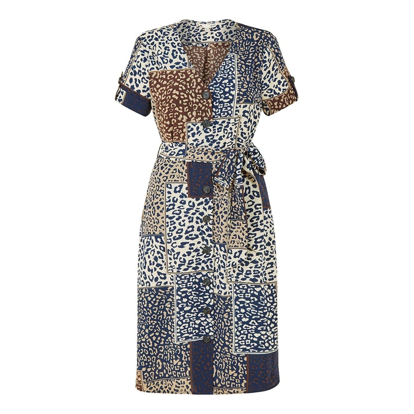Yumi Patchwork V-Neck Knee Length Animal Dress