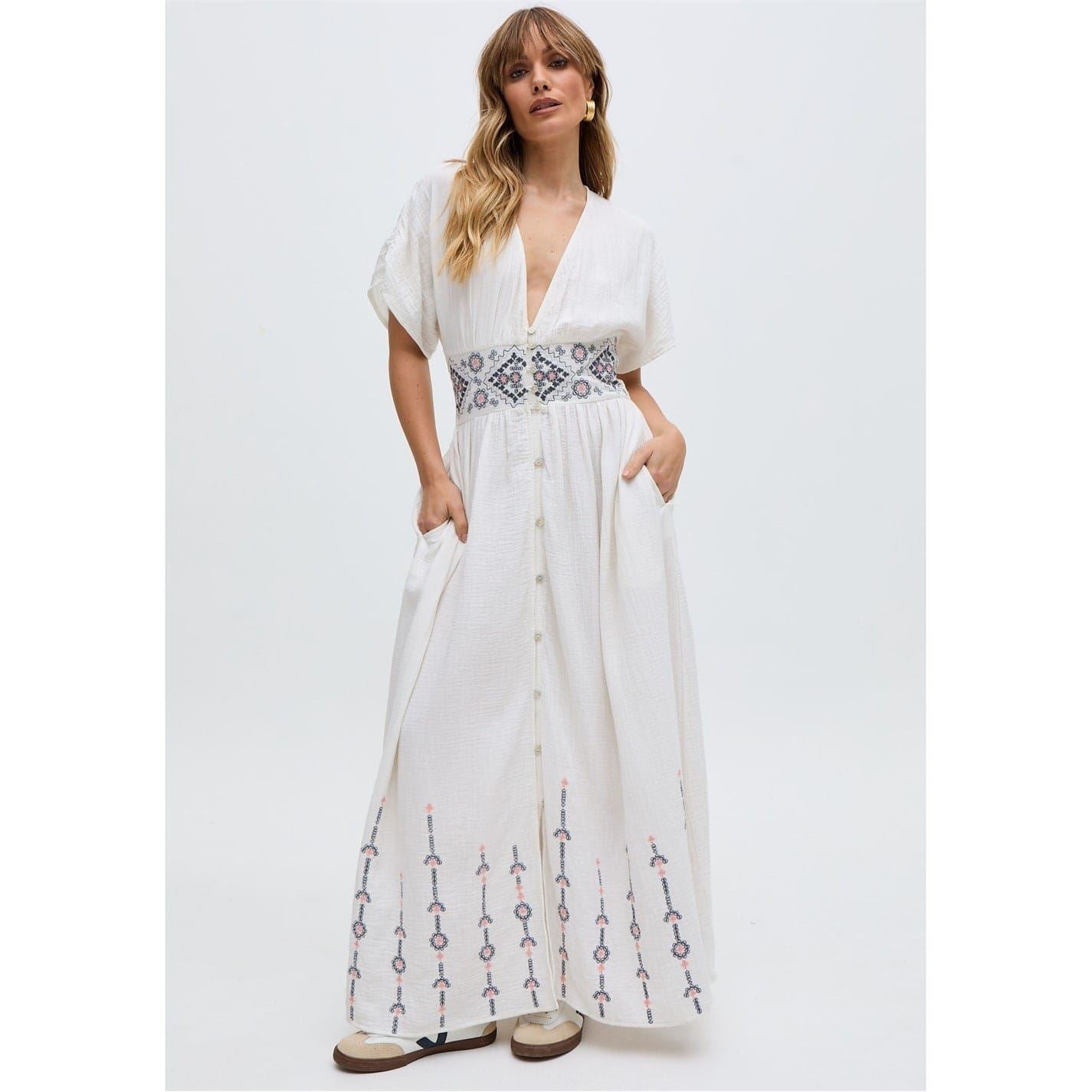 Raffya Ann Button Down Embroidery Maxi Dress In White