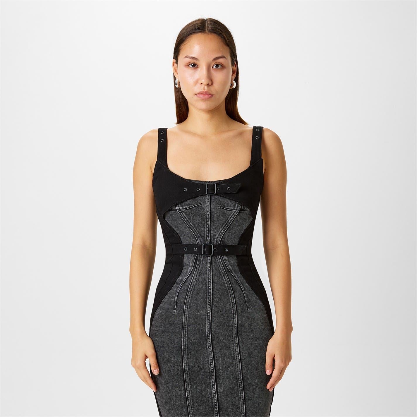 Mugler Square Neck Midi Bodycon Dress