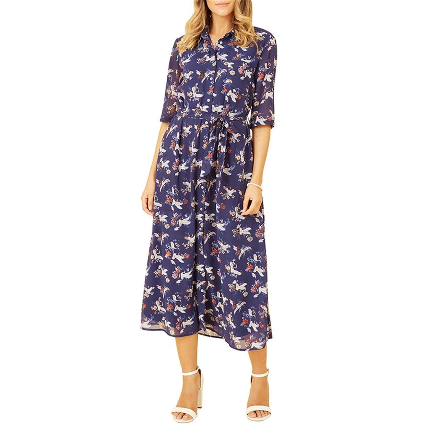 Yumi Crane Print Collared Neck Midi Dress