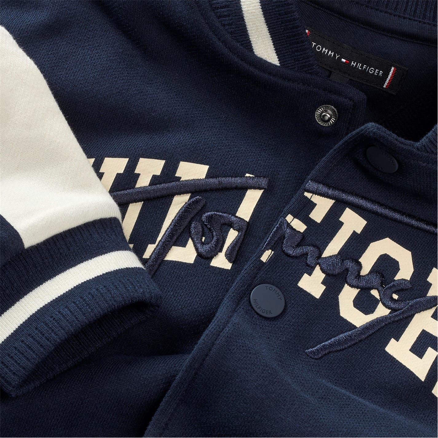 Tommy Hilfiger Script Embroidered Snap Button Ribbed Cuff Bomber Jacket