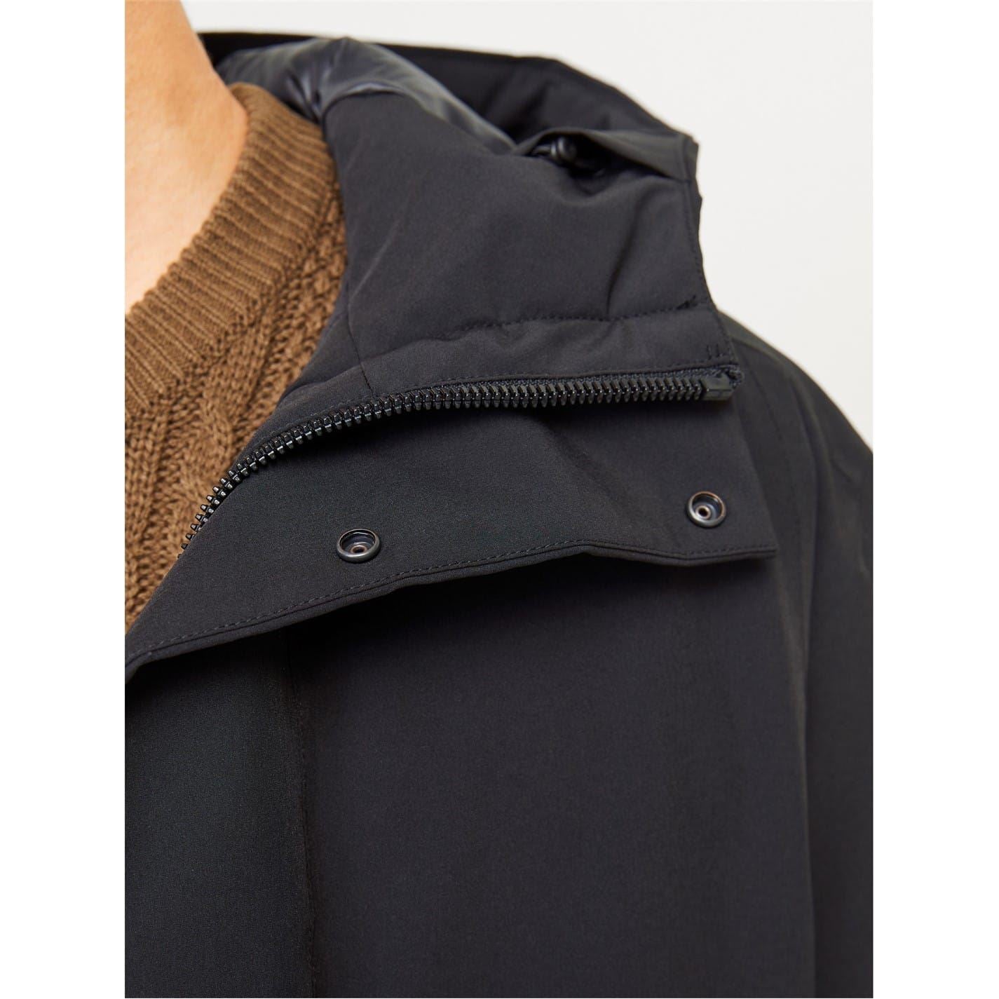 Jack and Jones Hooded Snap Button Solid Patterned Parka Coat