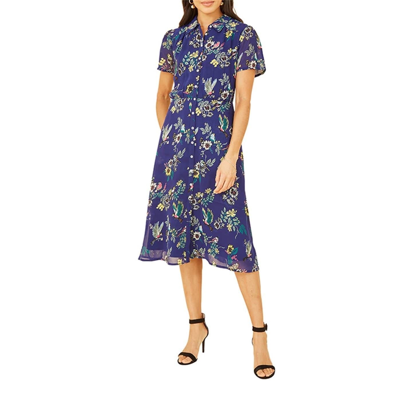 Yumi Bird Print Collared Neck Midi Dress