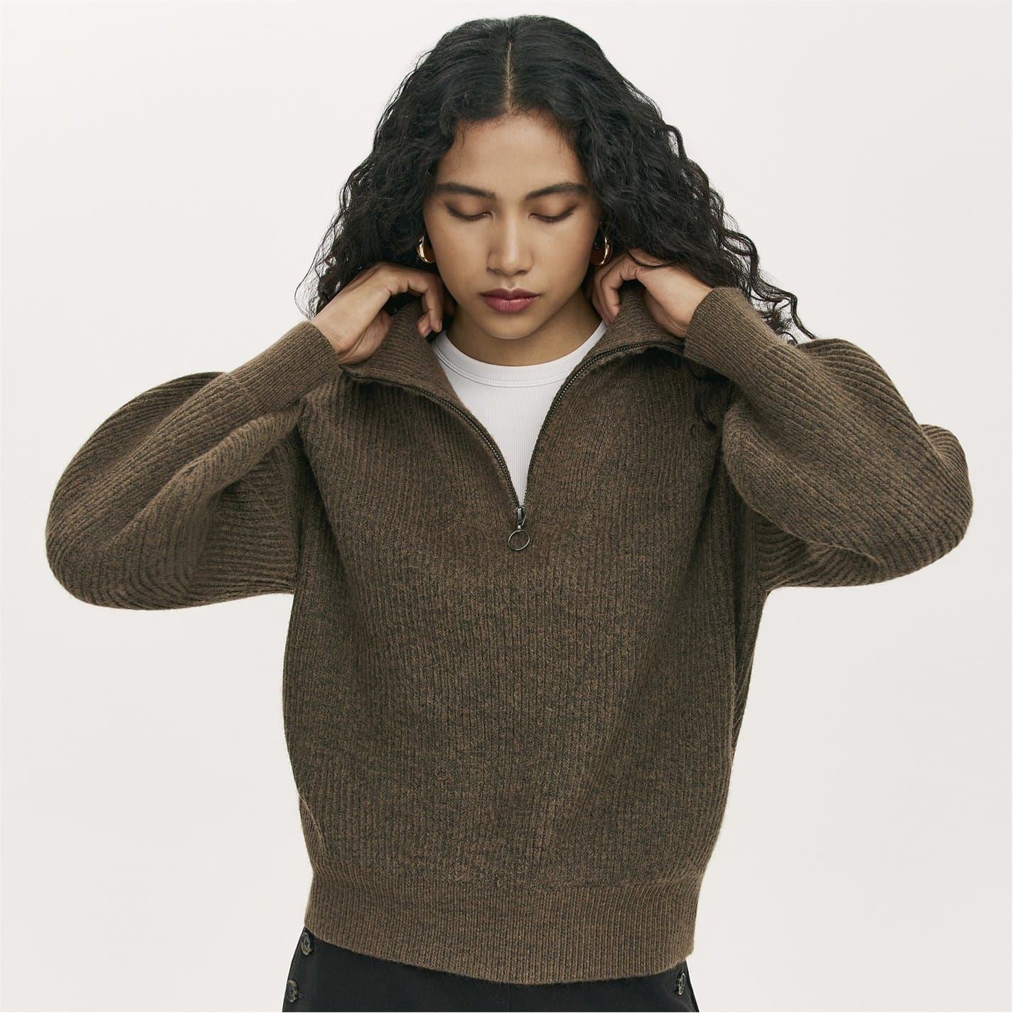 Finery Maddy Zip Neck Funnel Long Sleeve Sweater