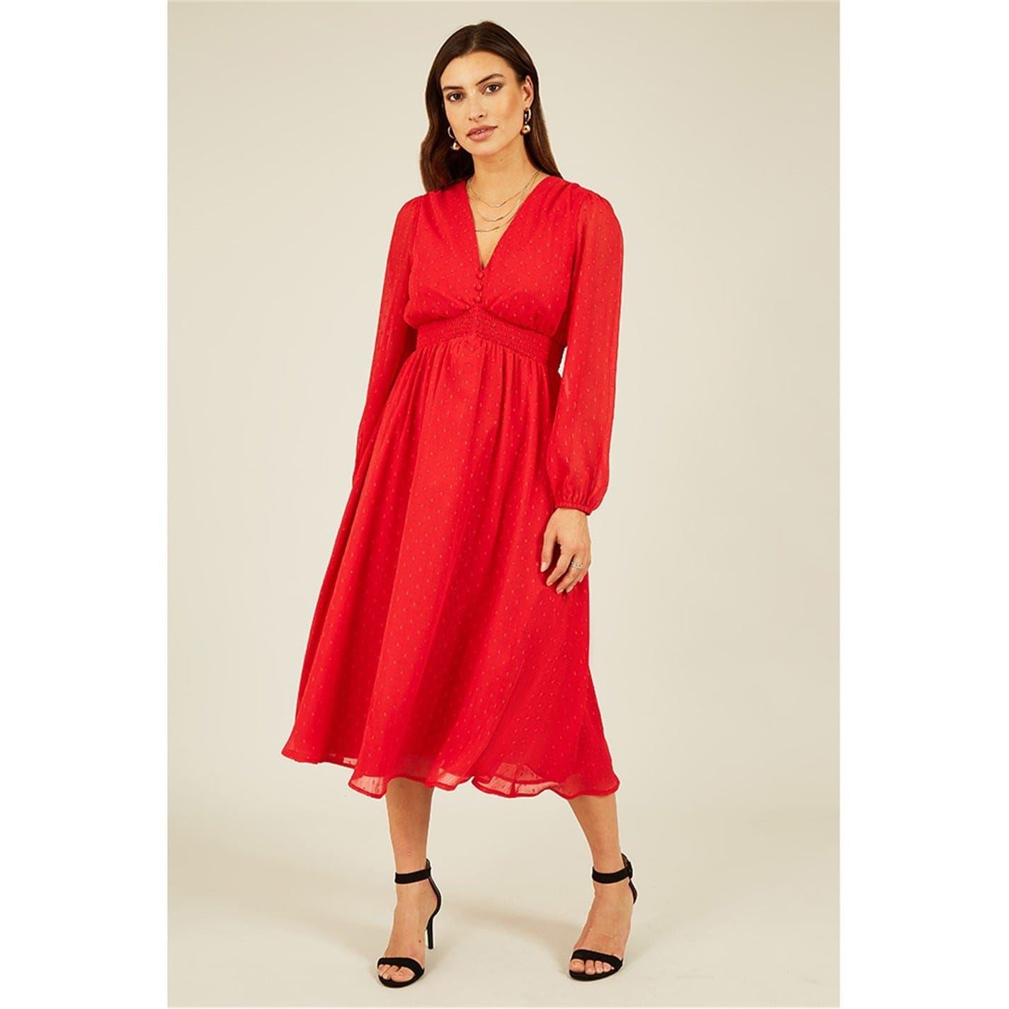 Yumi Red Metallic V-Neck Midi Dress