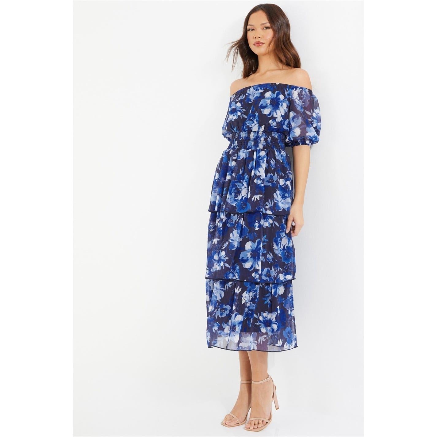 Quiz Floral Chiffon Bardot Midi Dress