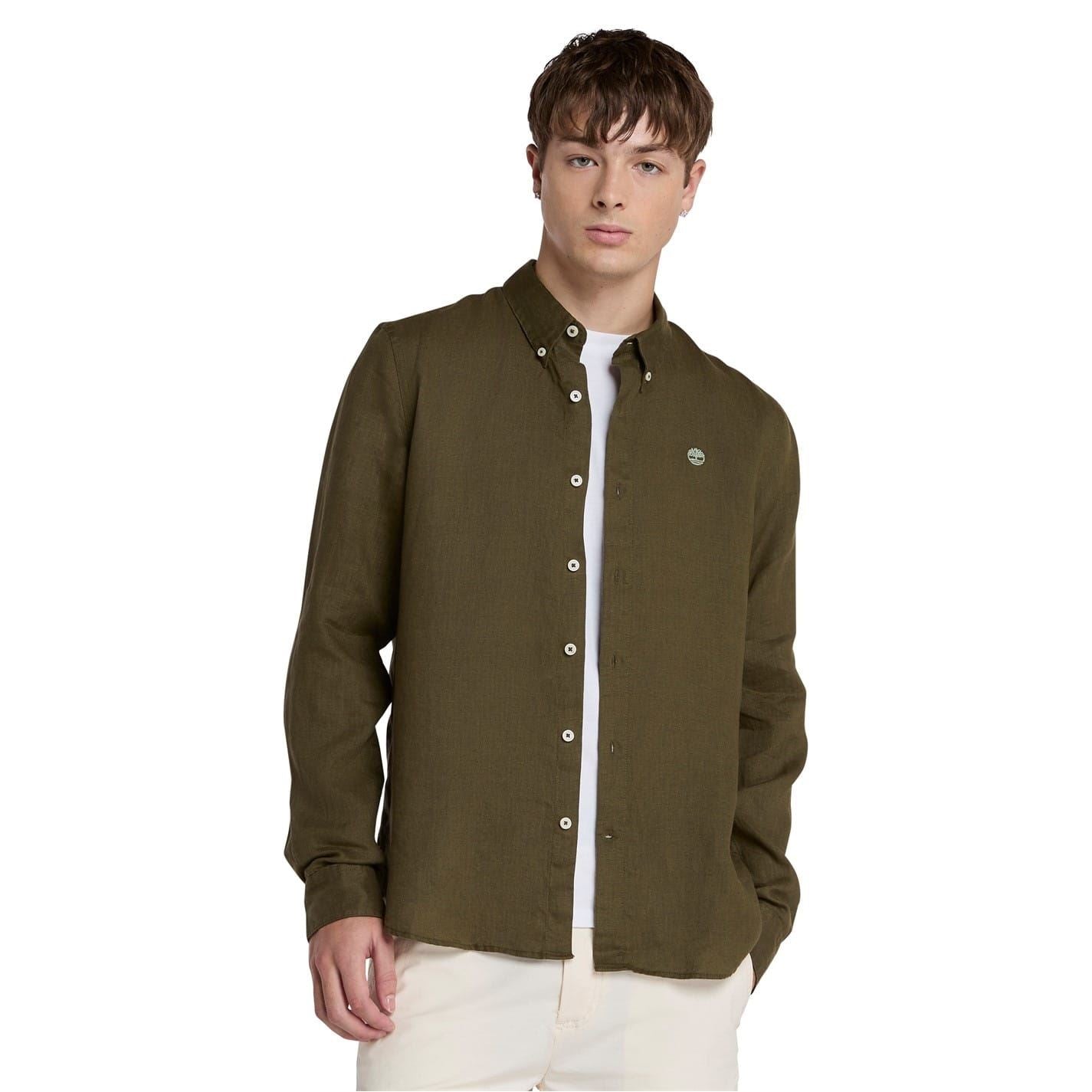 Timberland Mill Brook Linen Leaf Green Long Sleeve Plain Shirt