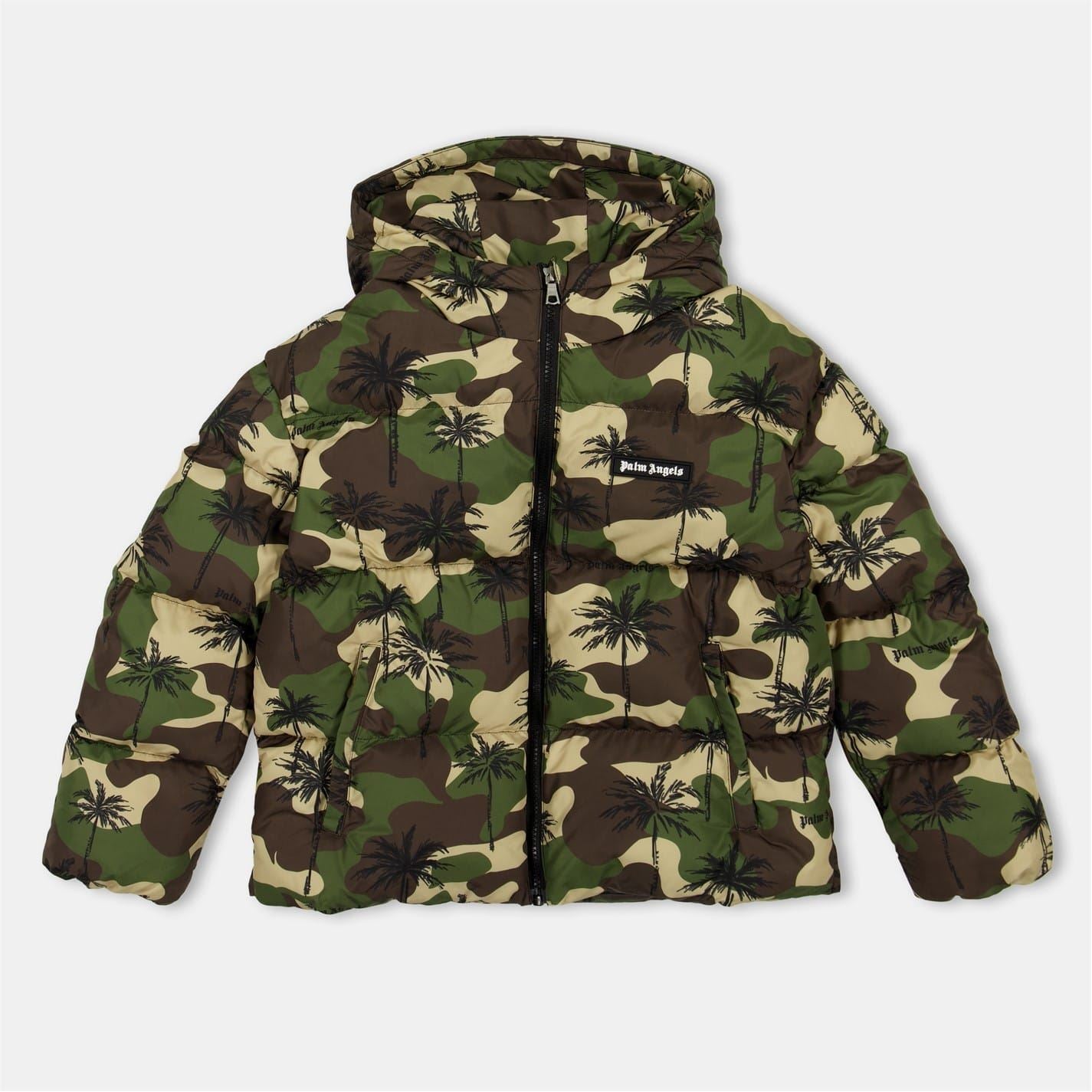 Palm Angels Camo Hooded Ribbed Cuff Puffer Jacket with Logo