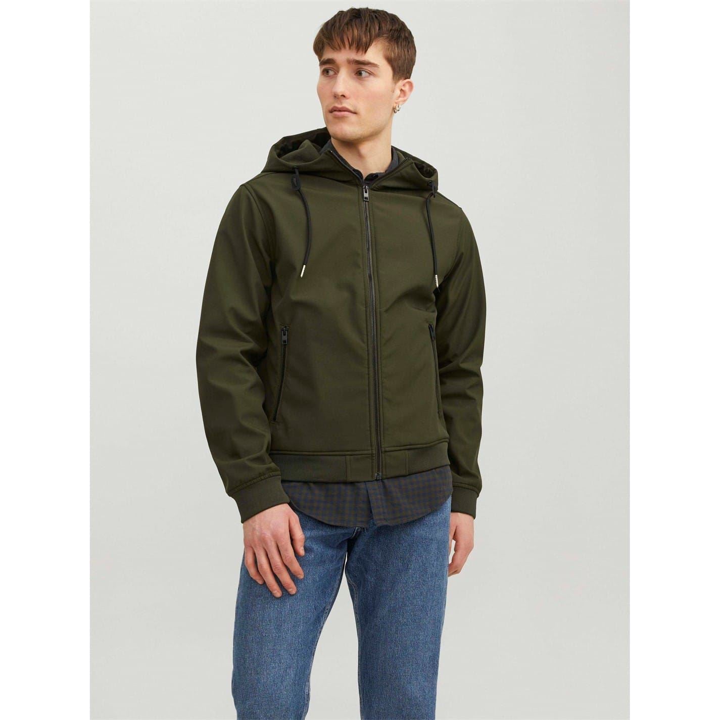 Jack and Jones Softshell Solid Patterned Hooded Drawstring Zipped Pocket Jacket