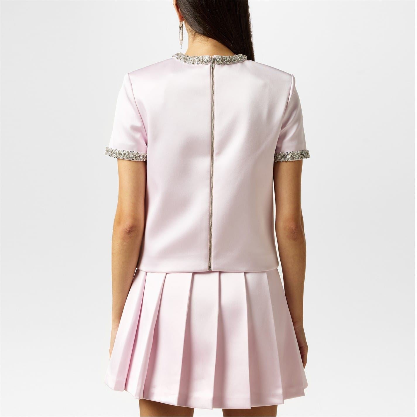 Self Portrait Keyhole Neck Satin Emb Blouse