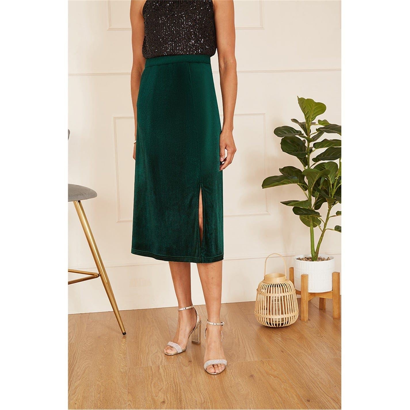 Yumi Green Velvet Midi Pencil Skirt