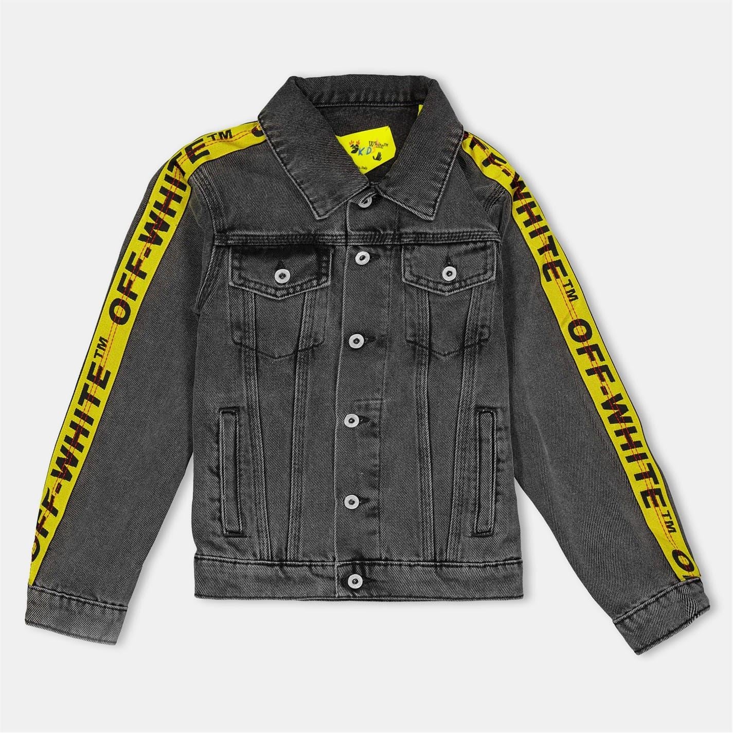 Off White Solid Patterned Denim Jacket with Logo