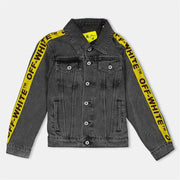 Off White Solid Patterned Denim Jacket with Logo