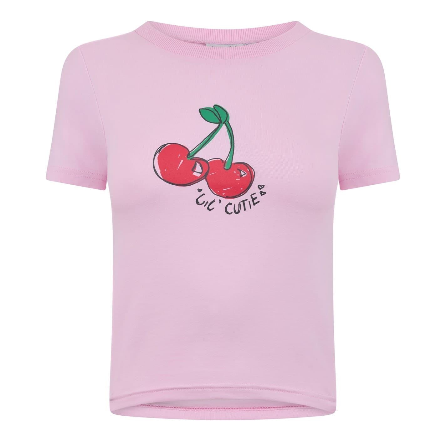 Daisy Street Cherry Cropped Slim Fit Crew Neck T-Shirt
