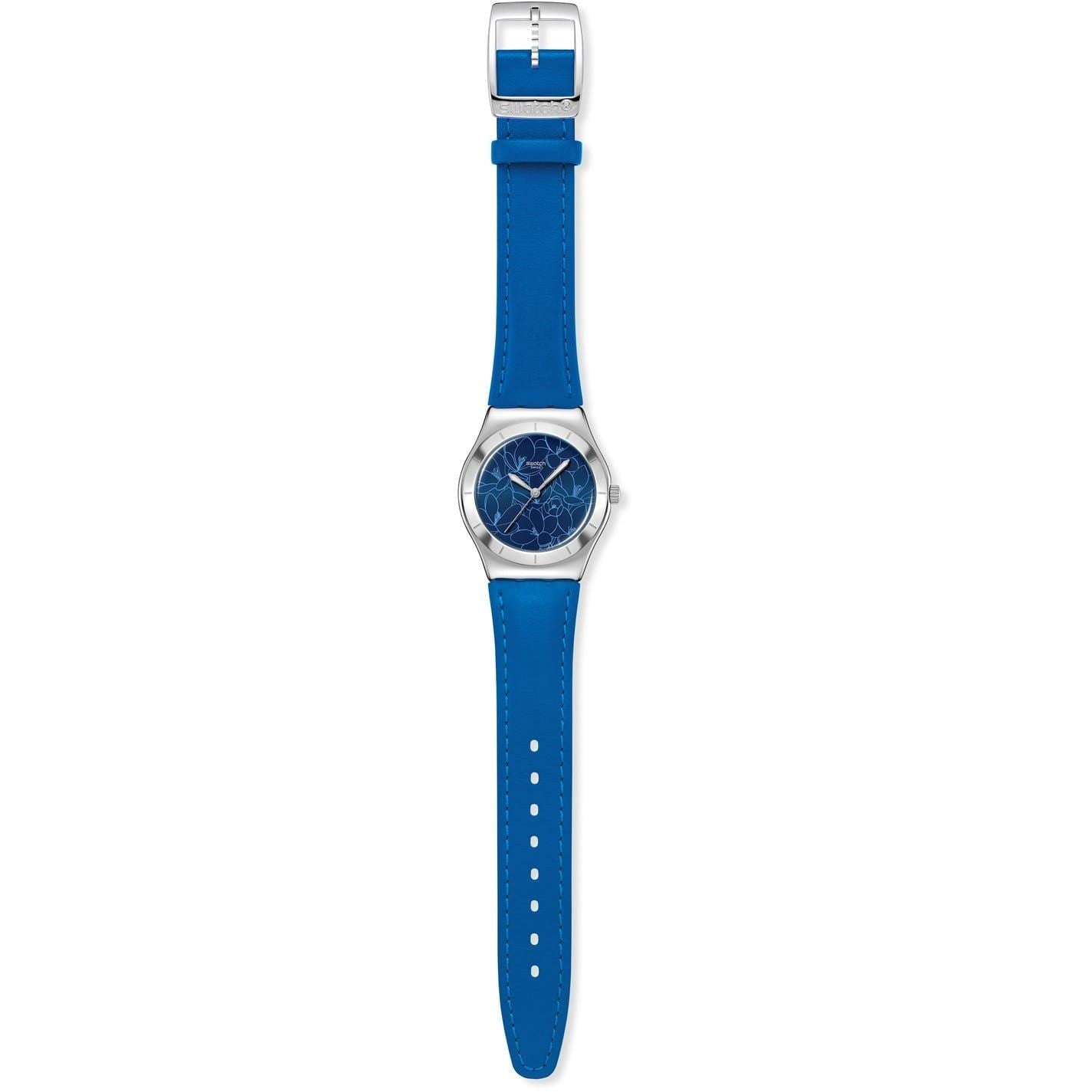 Swatch Blue Petal 53 Leather Strap Fashion Analogue Watch