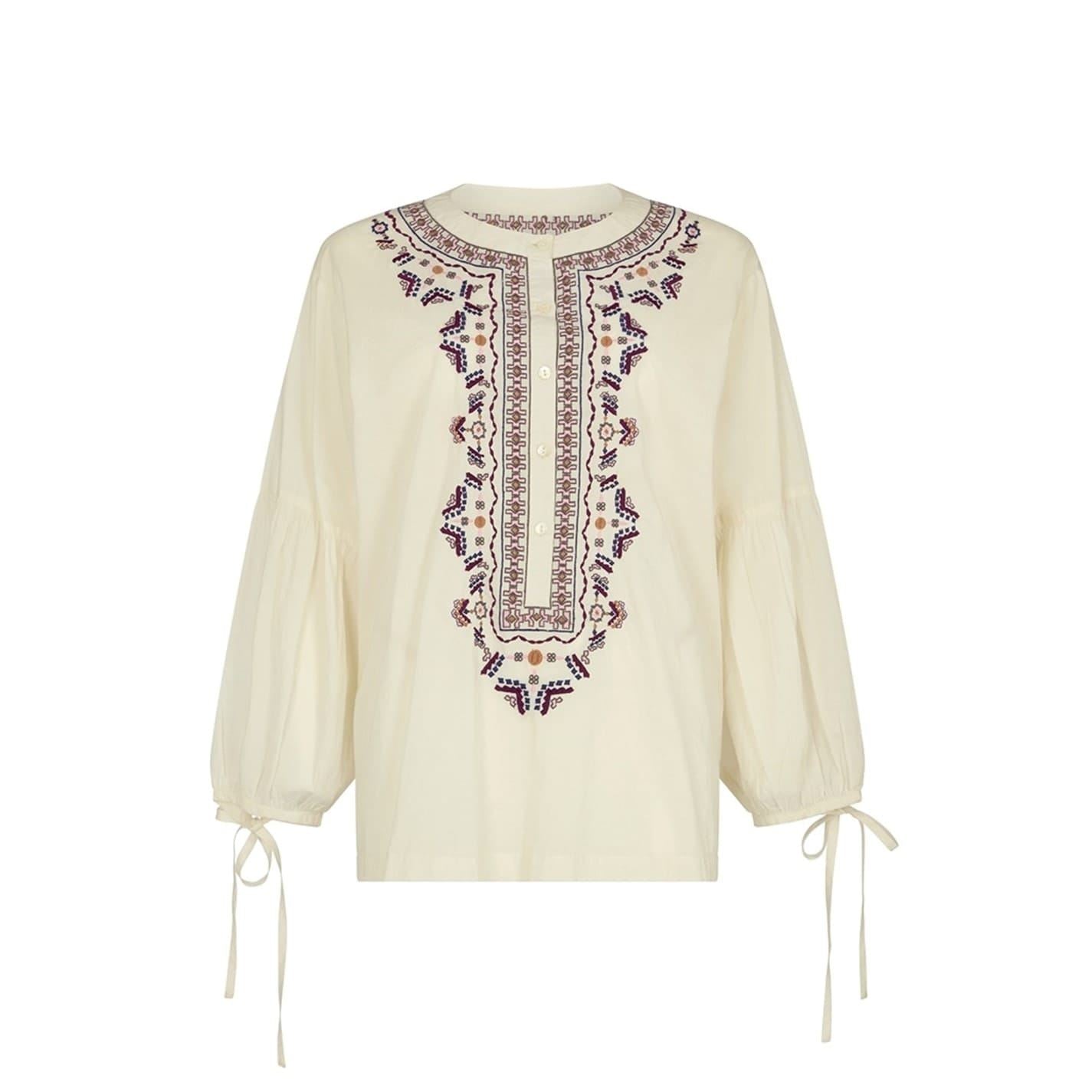 Raffya Embroidered Notched Neck Band Collar Peasant Blouse