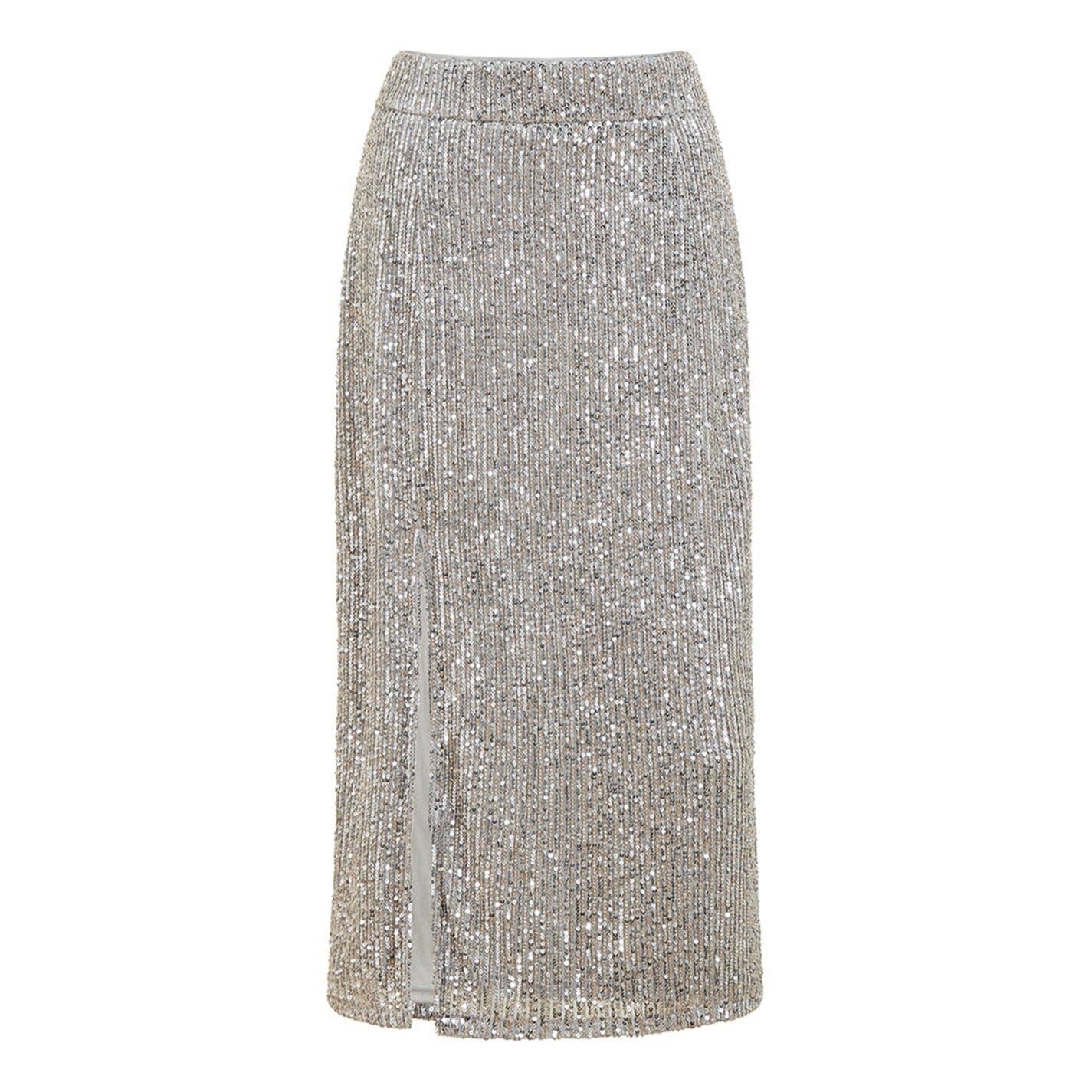 Yumi Silver Sequin Midi Pencil Skirt