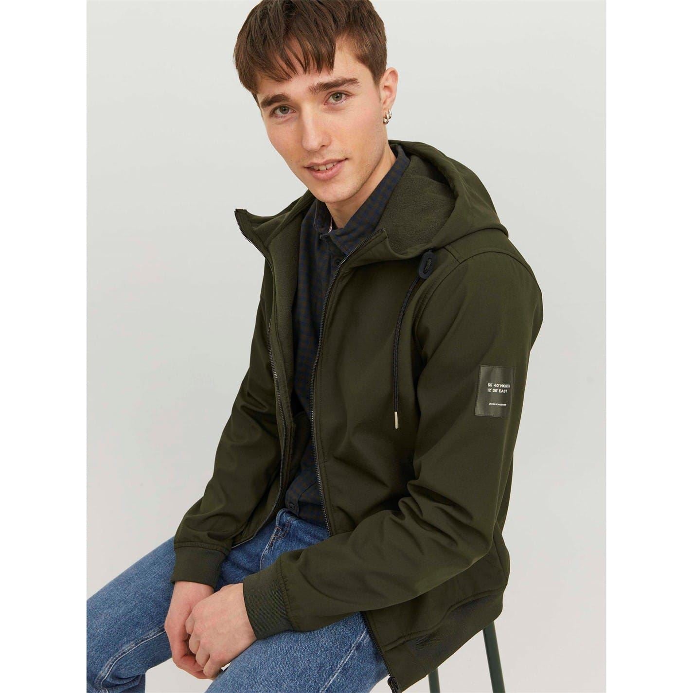 Jack and Jones Softshell Solid Patterned Hooded Drawstring Zipped Pocket Jacket