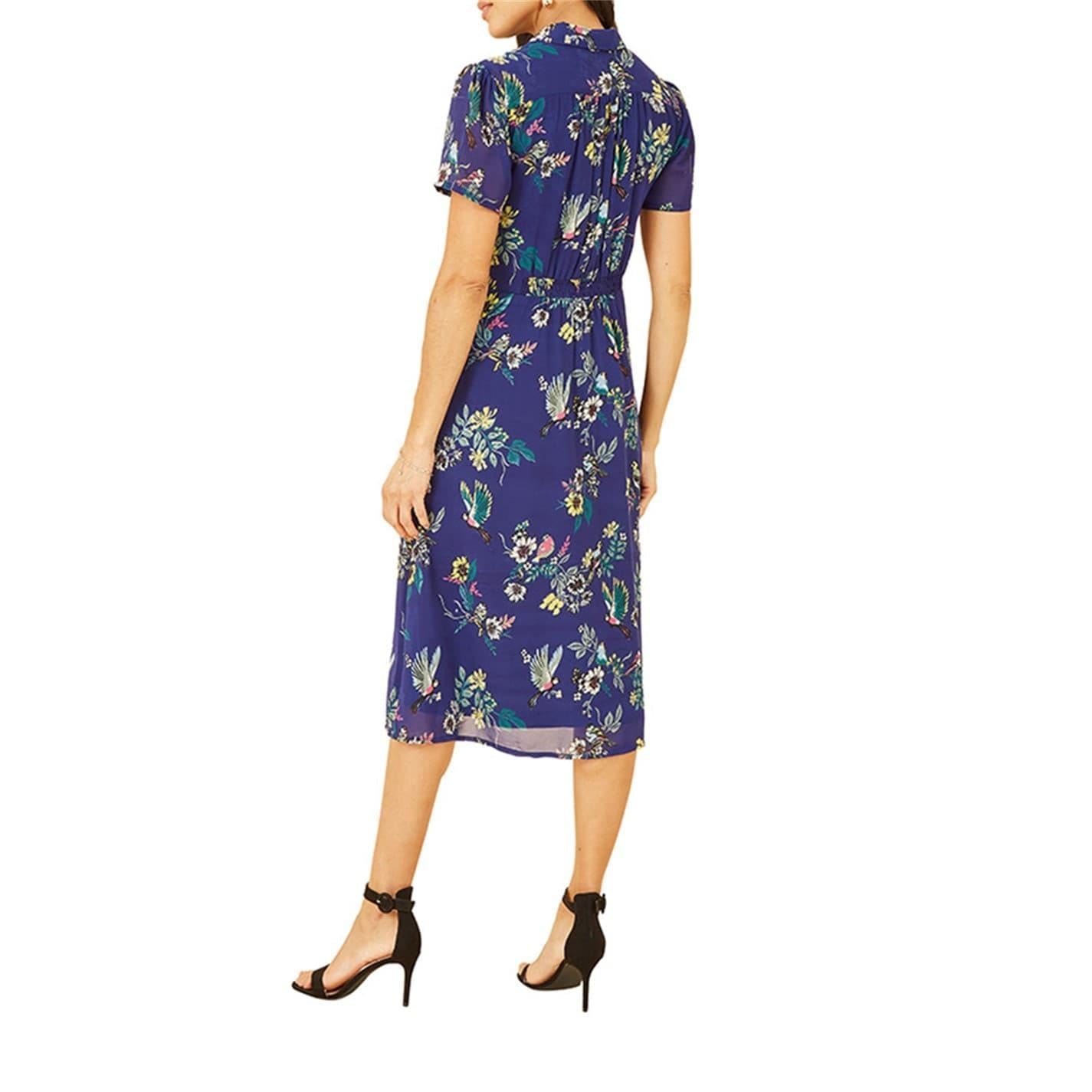 Yumi Bird Print Collared Neck Midi Dress