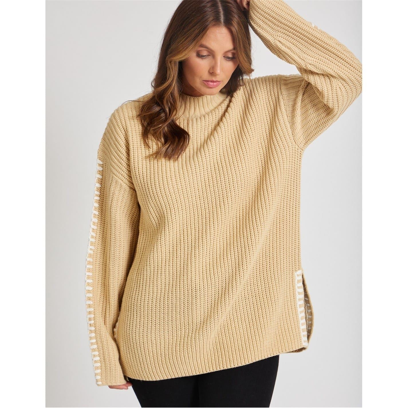 Be You Contrast Stitch Mock Neck Sweater
