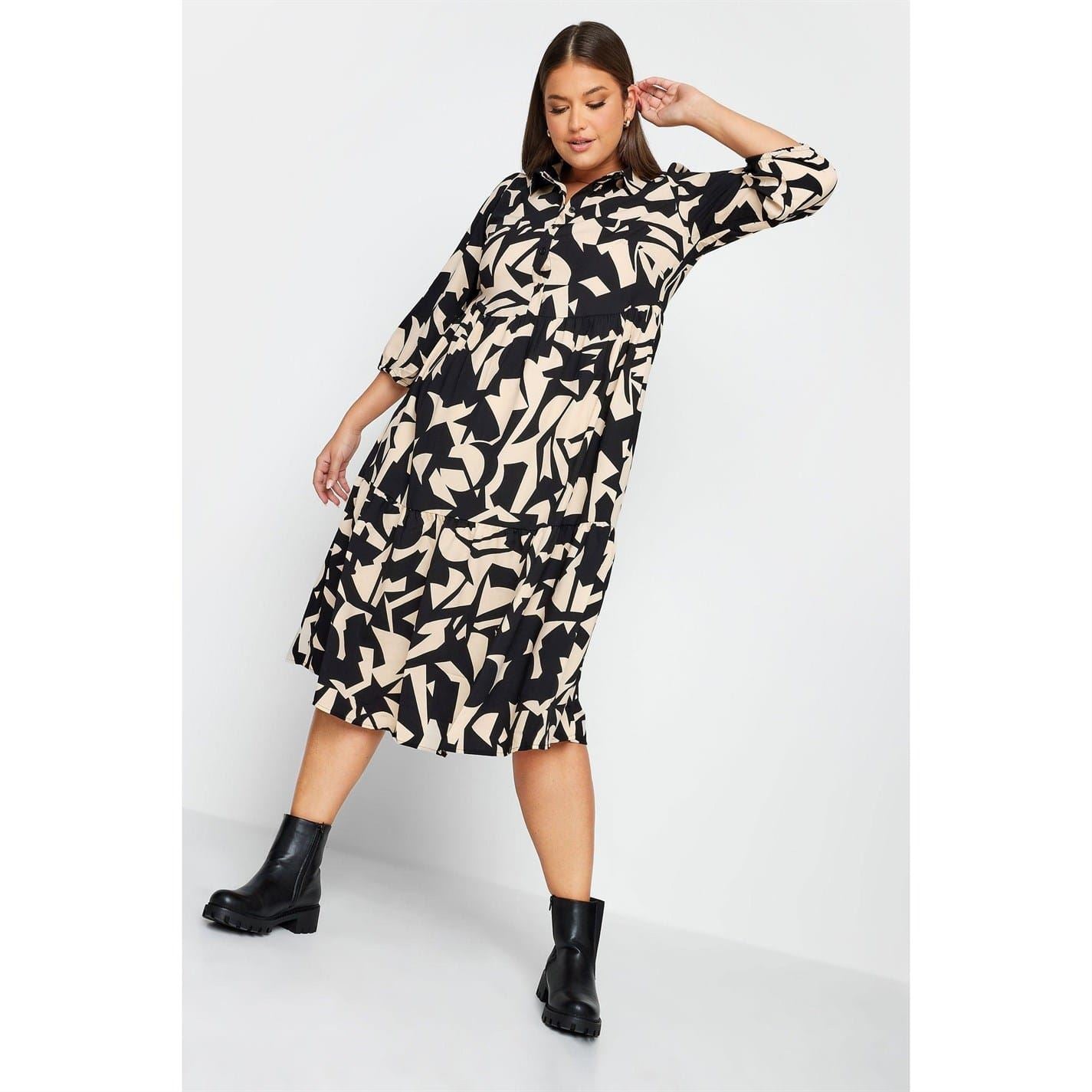 YOURS Curve Long Sleeve Abstract Placket Dress