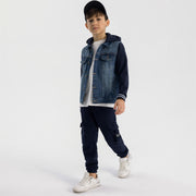 Minoti Boys Denim Jacket Detachable Hood Fleece Sleeves Navy
