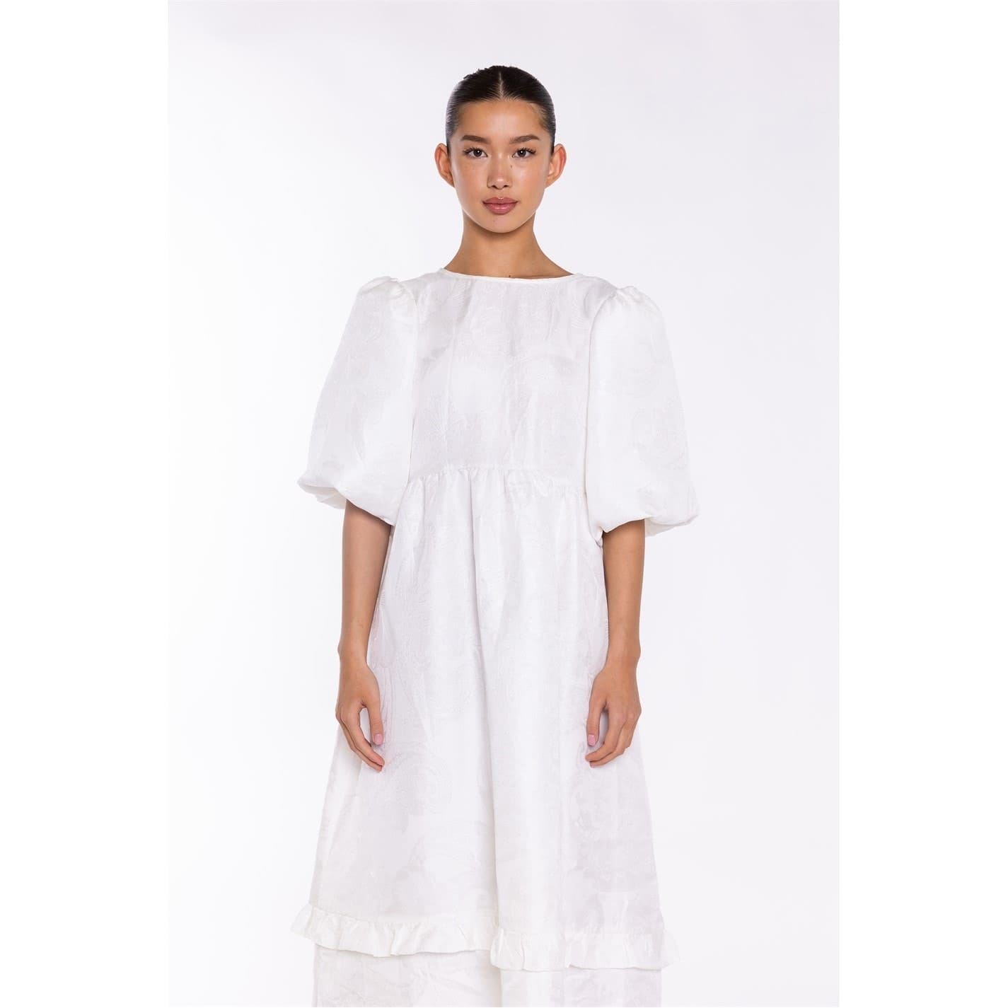 Glamorous Off White Brocade Tiered Tie Back Midi Dress