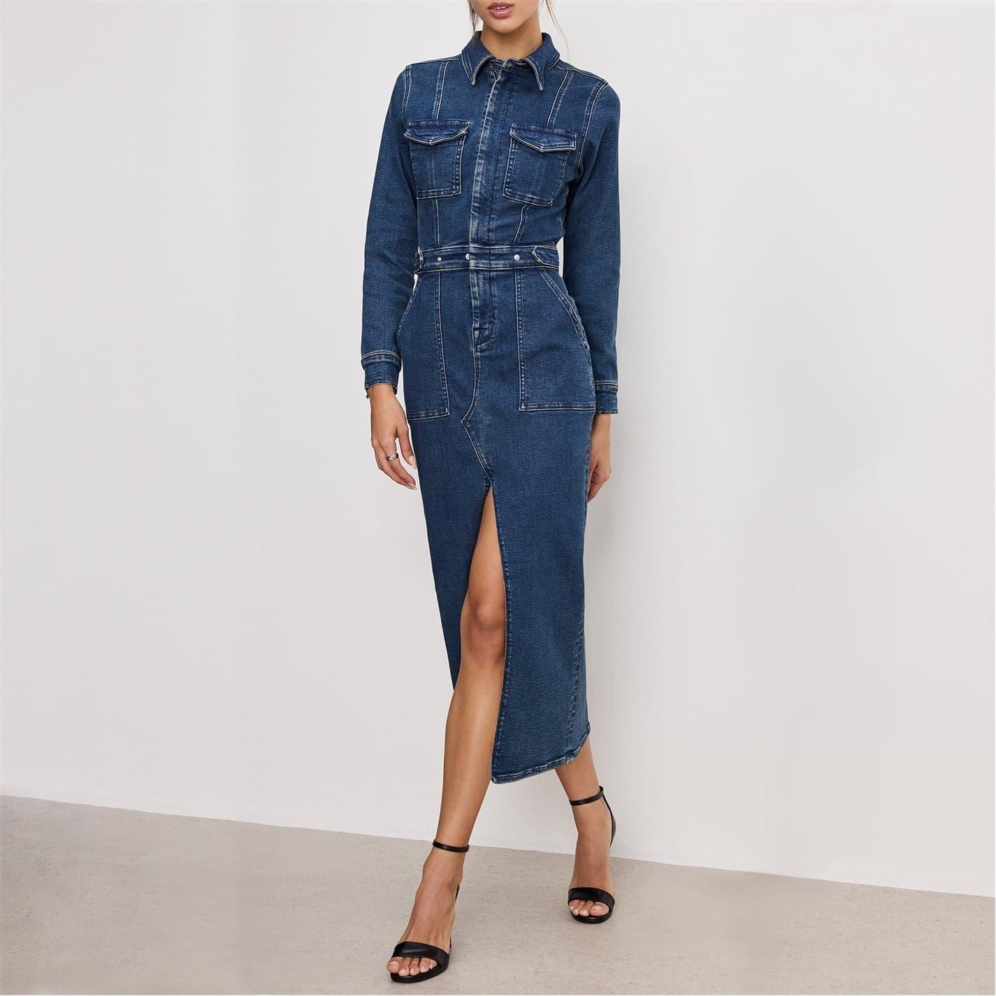 Good American Regular Fit Long Sleeve Midi Shirt Dress