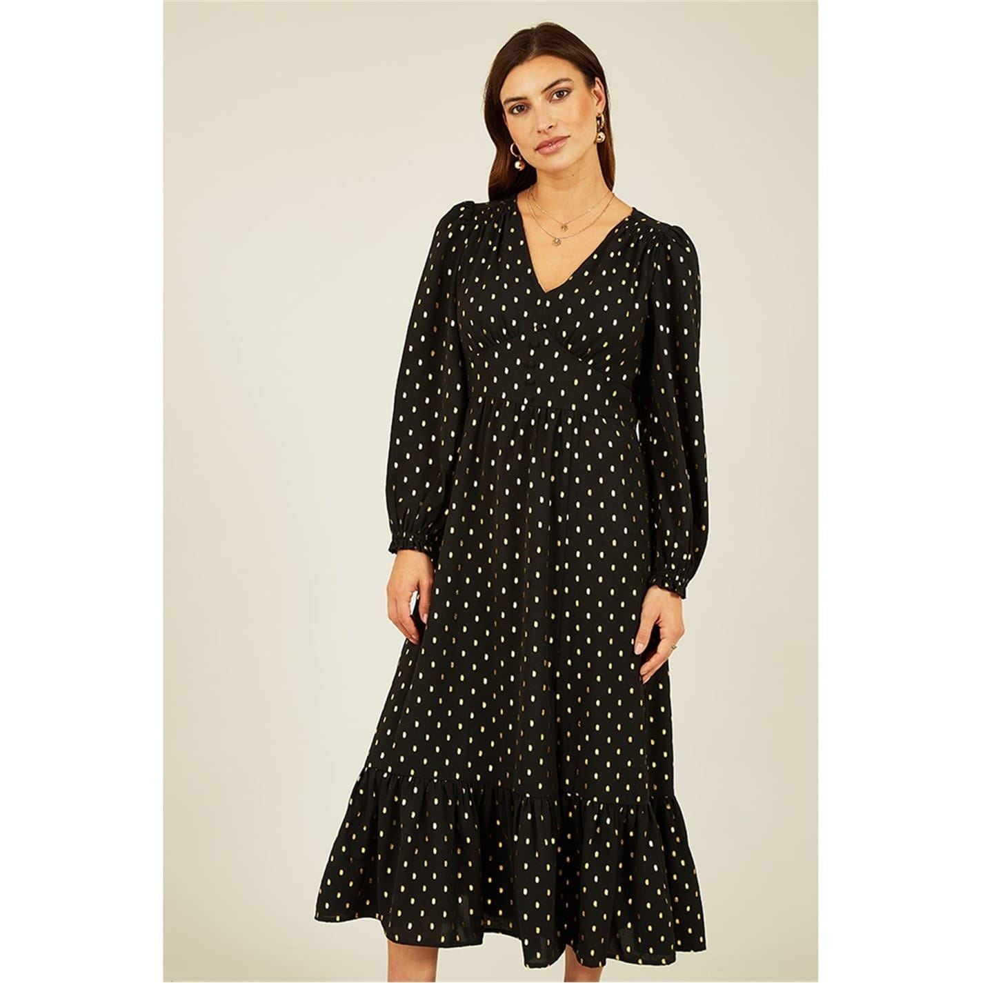 Yumi Foil Print Long Sleeve Midi Dress