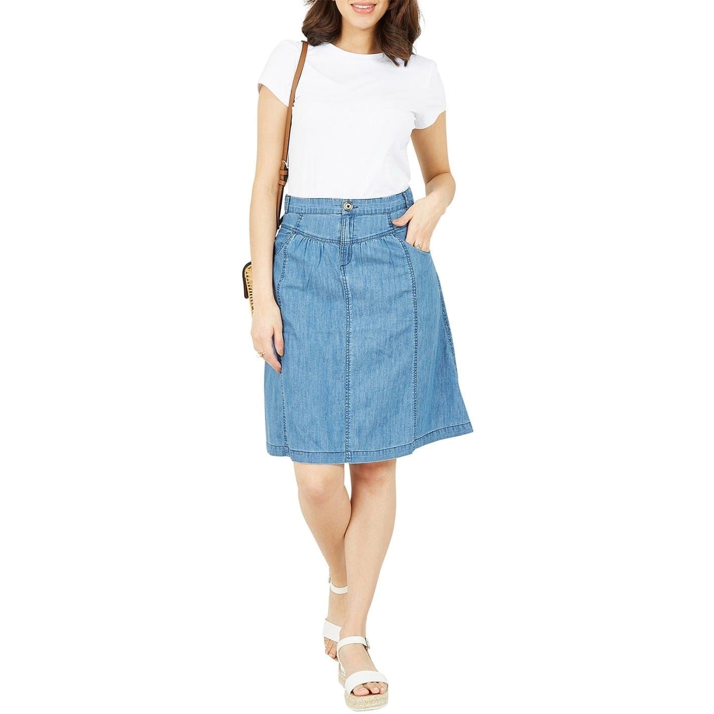 Yumi Blue Chambray Knee Length A-Line Skirt