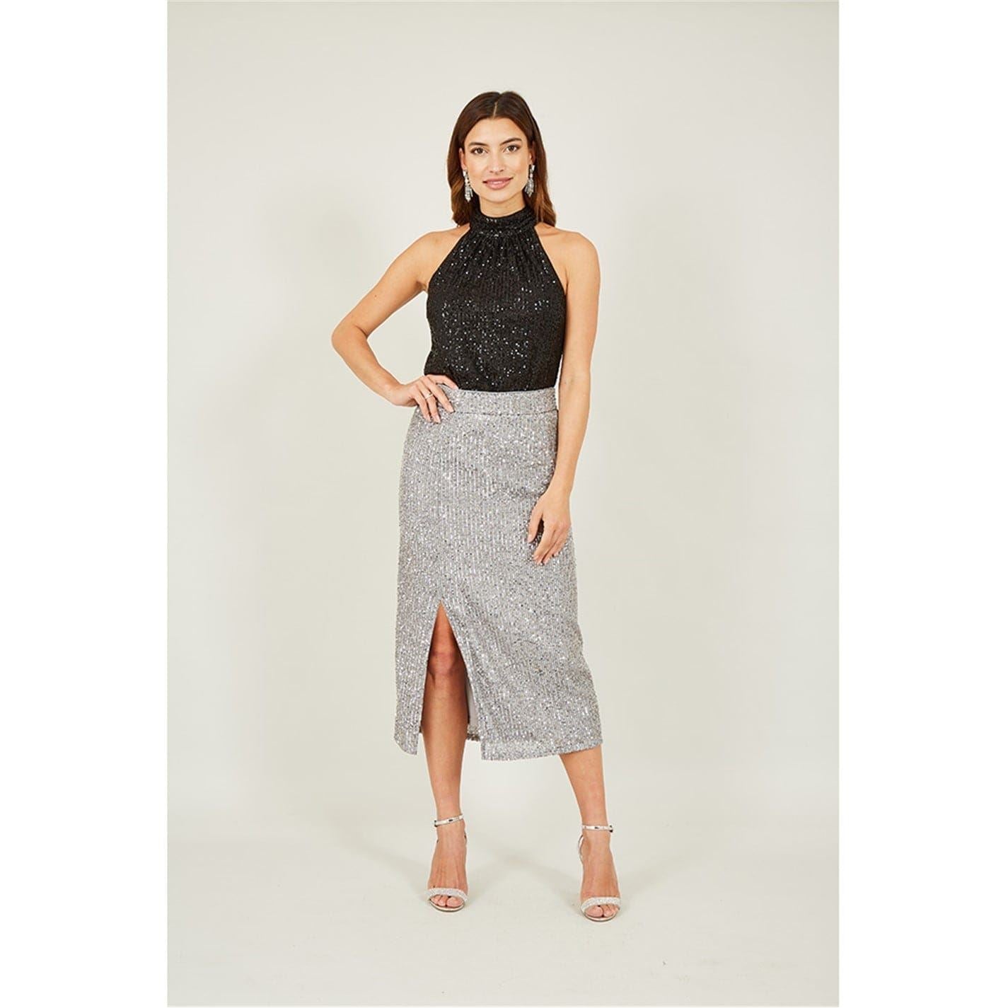 Yumi Silver Sequin Midi Pencil Skirt