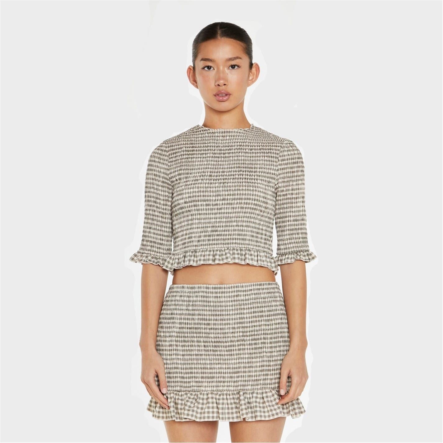 Glamorous Beige Black Check Shirred Crop Top