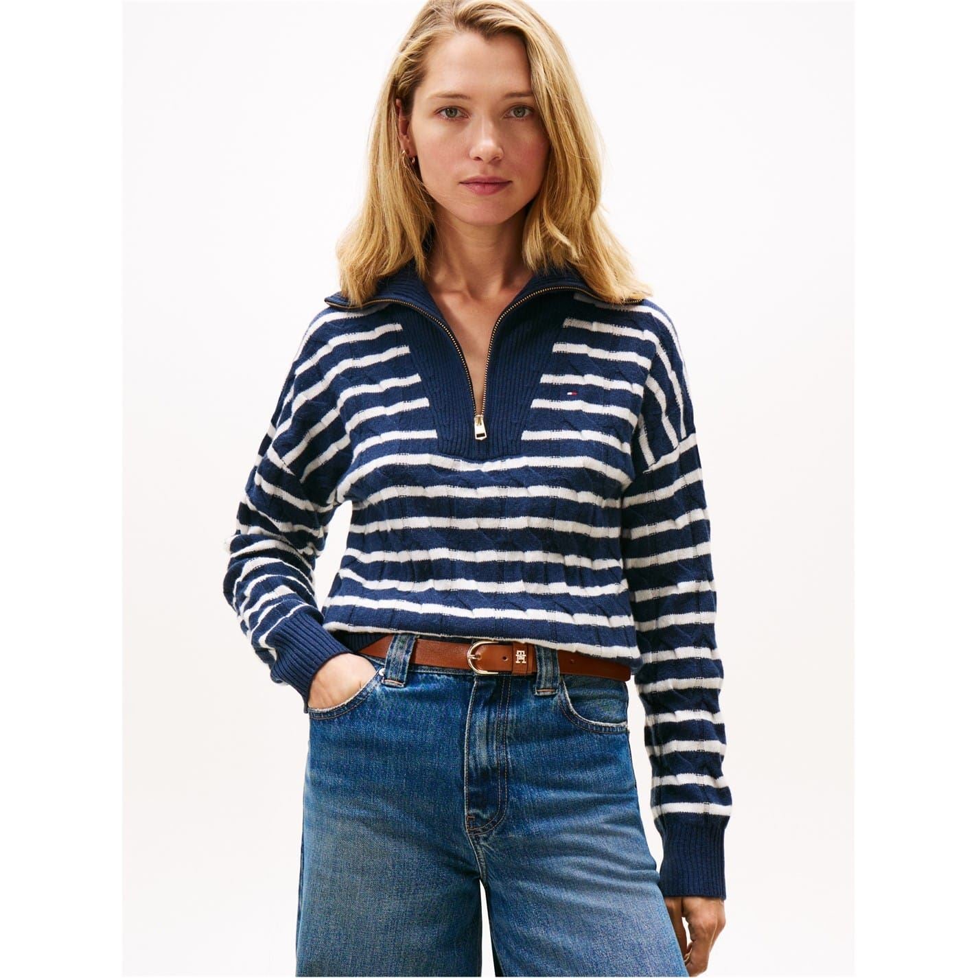 Tommy Hilfiger Zip Neck Long Sleeve Drop Shoulder Sweater