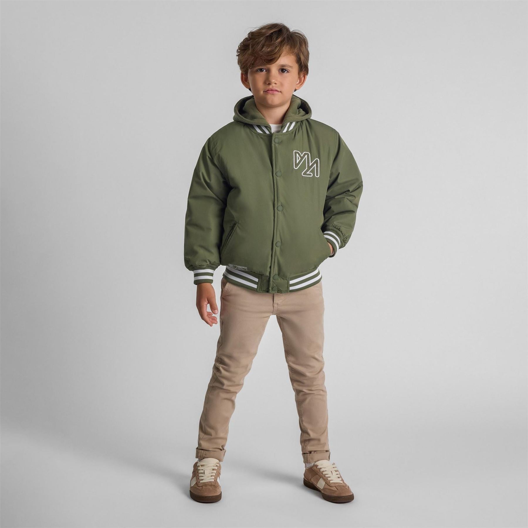 Minoti Boys Baseball Jacket Detachable Hood Embroidery Khaki