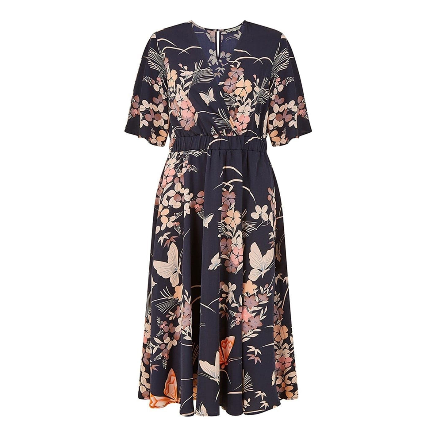 Yumi Butterfly Print V-Neck Midi Wrap Dress